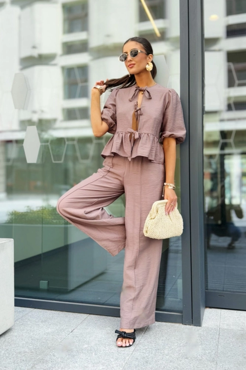 Bluzka damska DORIS z wiskozy – fango, z kokardkami, krótki rękaw, styl boho
