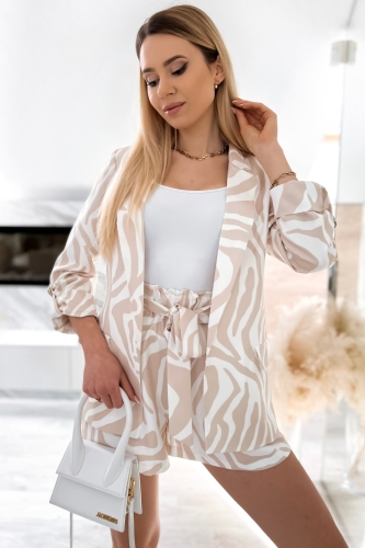 Komplet damski marynarka + szorty Molly 3/4 rękaw, beżowa zebra