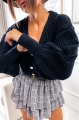 Pleciony krótki sweter damski na guziki czarny