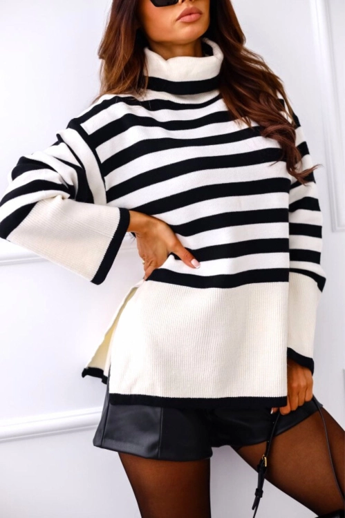 Sweter golfowy damski w paski monochromatyczne