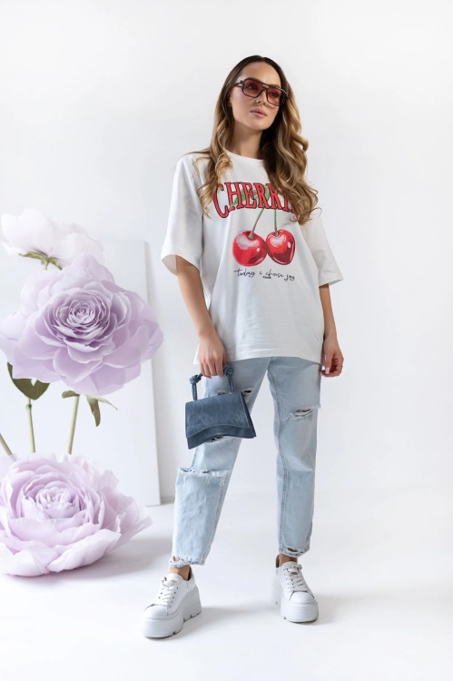 T-shirt bawełniany CHERRIES biały